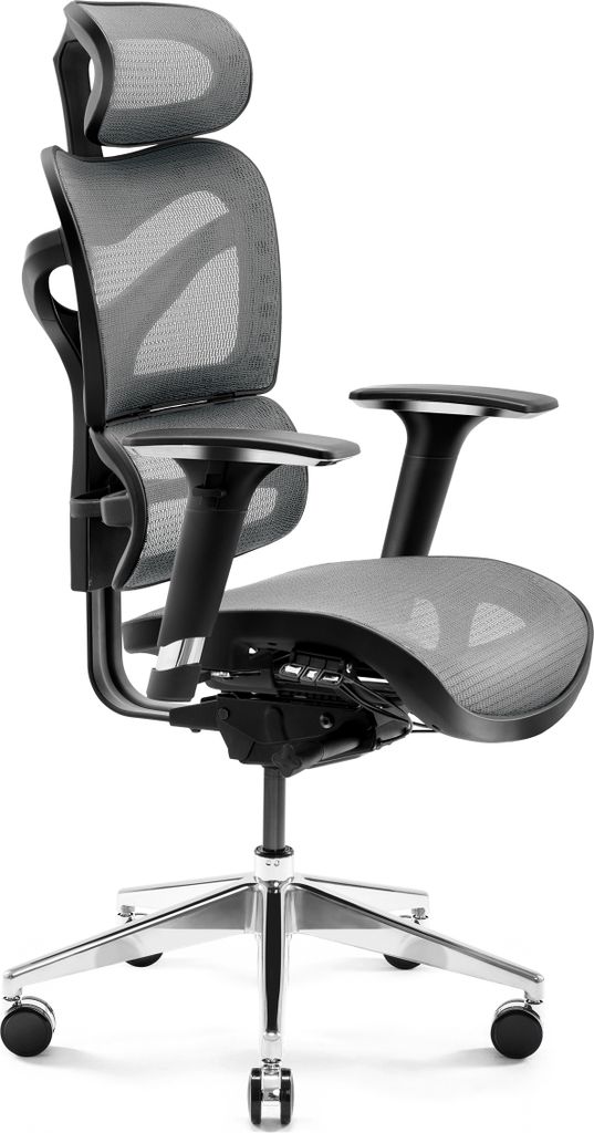 A black and gray ergonomic office chair with a headrest, viewed from the side.