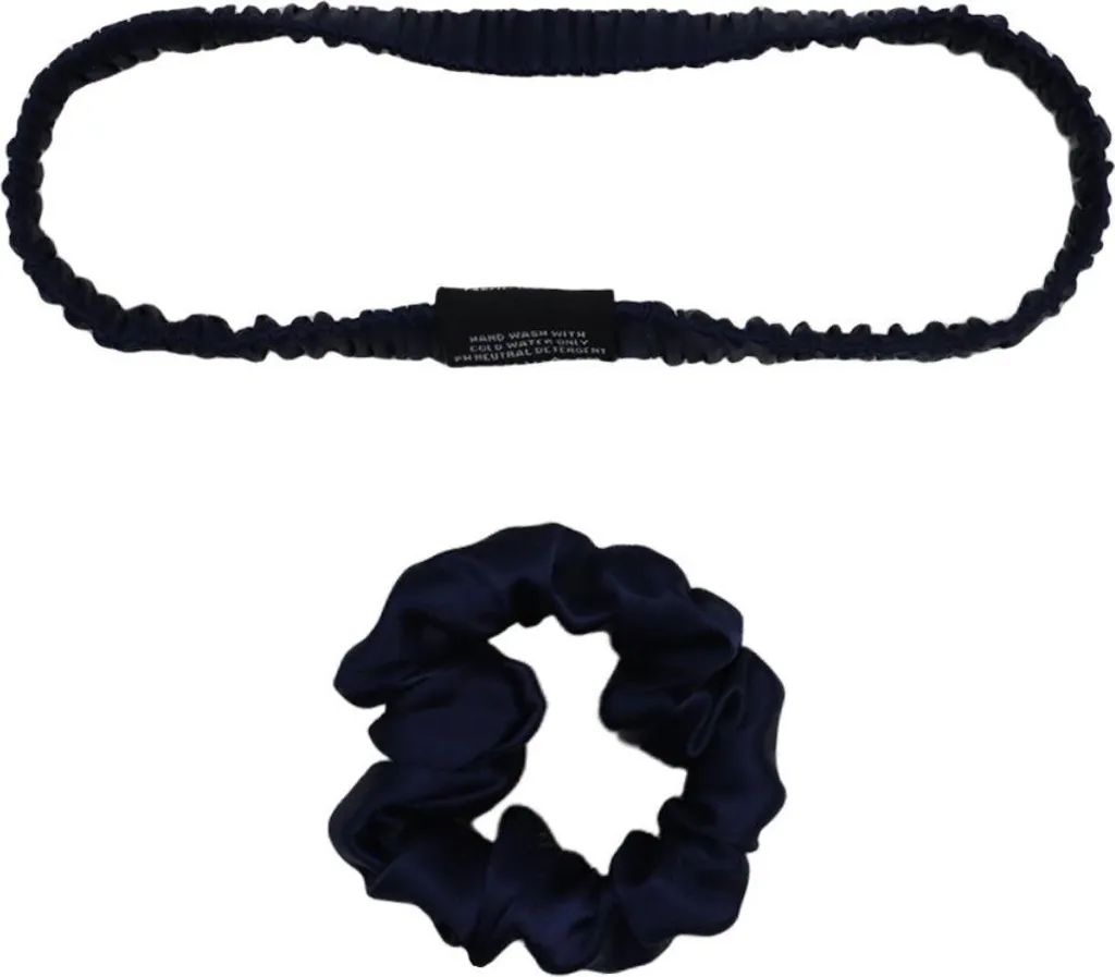 INF Set 2 pezzi fascia e scrunchie 100% setoso 21cmx1.5cm per sport Blu navy