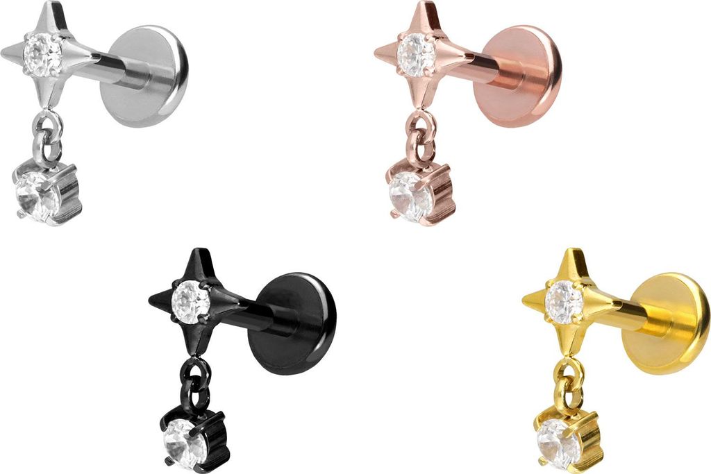 Ohrpiercing, Nasenpiercing Titan Labret mit Push Fit STERN + KRISTALL Silber Stablänge: 6mm | Stabstärke: 1mm