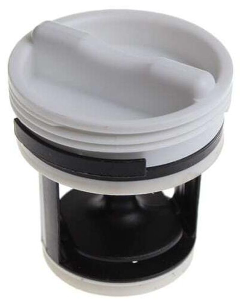A close-up studio shot of a washing machine pump filter.