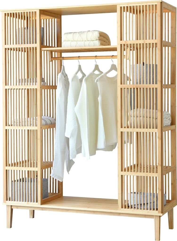 In And OutdoorMatch Kleiderschrank Emile - Bambus - 185 x 140 x 45 cm - offener Schrank - mit 2 Schiebetüren - modernes Design