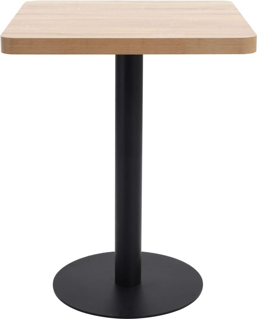 A square bistrot table with a light brown wooden top and a black metal base, isolated on a white background.