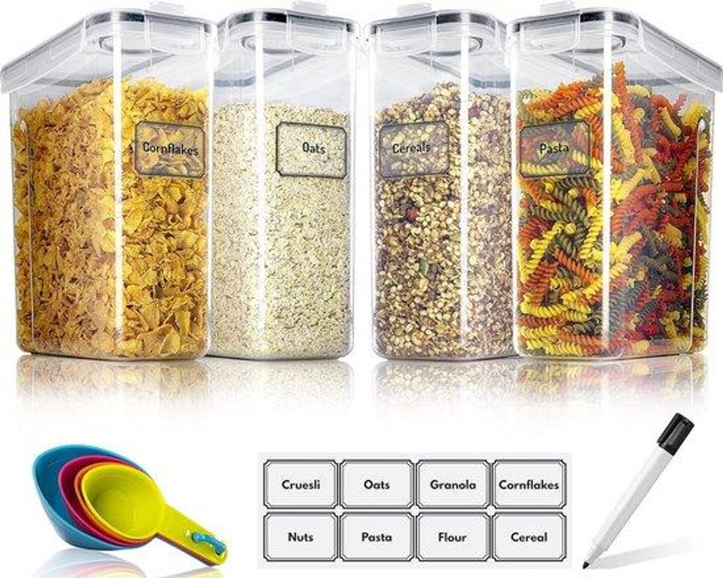 Vorratsbehälter-Set (4x2,5L) - Luftdichte Vorratsbehälter aus BPA-freiem Kunststoff mit Deckeln für Pasta, Muesli und Reis, inkl. Etiketten-Set,...