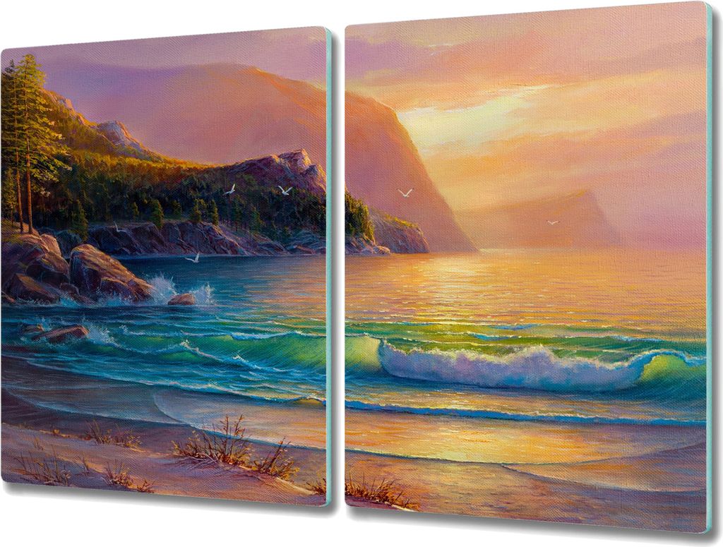 Coloray Herdabdeckplatte 2x40x52 cm Schneidebrett Kochplattenabdeckung Küchenbrett Hackbrett - Coast Wellen