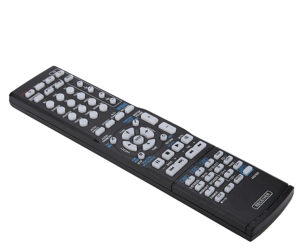 A black remote control with white buttons is shown against a white background.