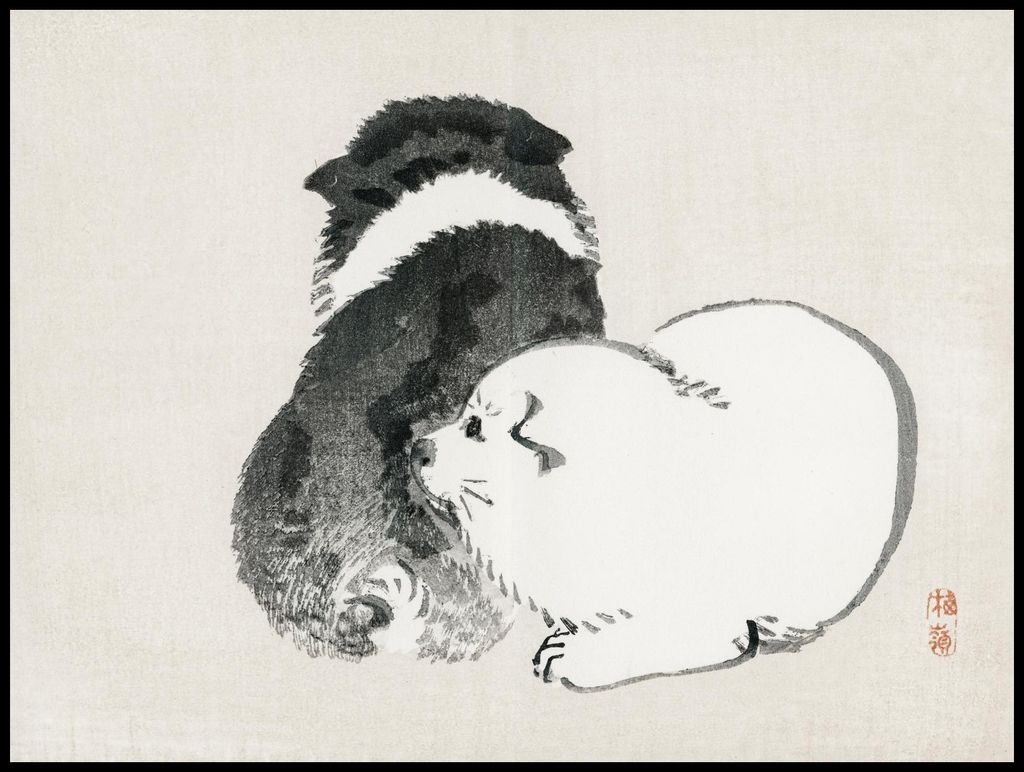 Plakat 100x75cm Schwarz-Weiß Welpen, Kōno Bairei Vintage fürs Wohnzimmer