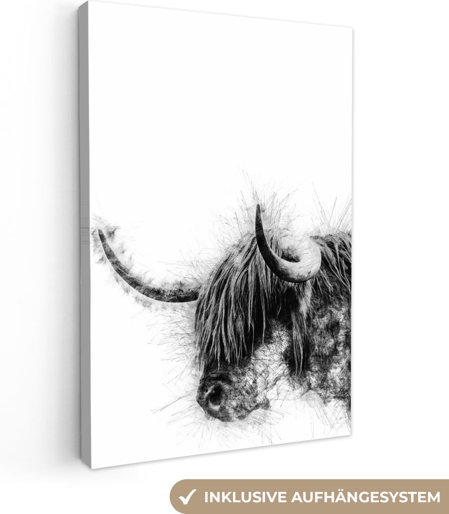 OneMillionCanvasses - Leinwandbilder - 90x140 cm, Schottisches Hochlandrind - Schwarz - Weiß - Abstrakt, Wandbilder Kunstdruck Wanddekoration - ...
