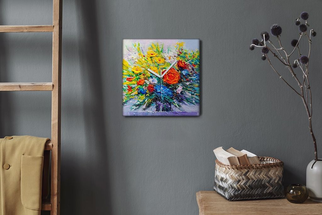 Coloray Hodiny Unikátní 30x30 cm Tiché hodiny Pro obývací pokoj a kuchyň Nástěnné hodiny Plátno Bílé ručičky hodin - Malování květin