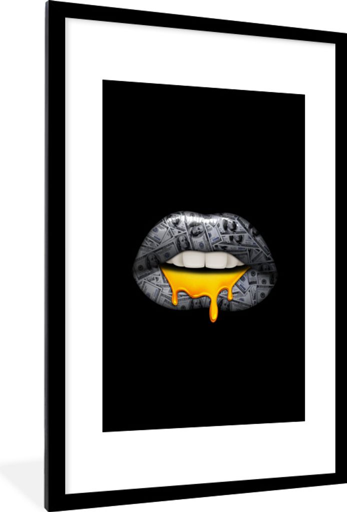 MuchoWow MuchoWow Gerahmtes Poster Lippen - Geld - Schwarz und Weiß 60x90 cm - Poster mit zchwarzem Bilderrahmen - Dekoration - Wandposter Woh...