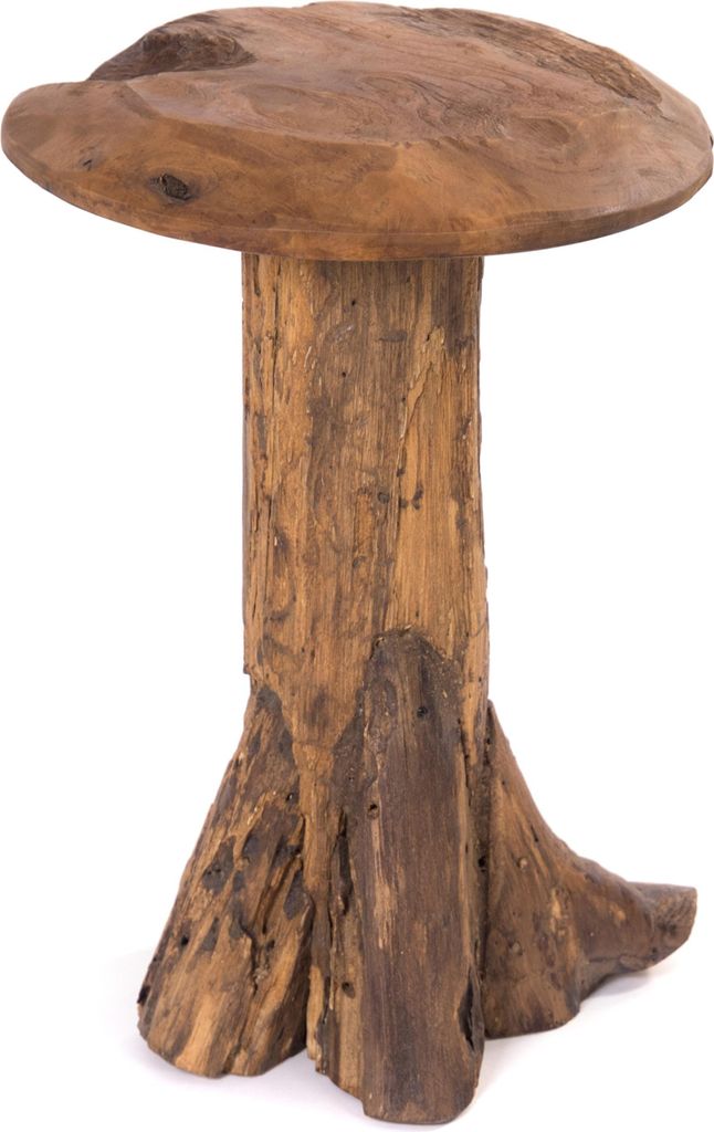 A wooden stool made from a tree trunk.