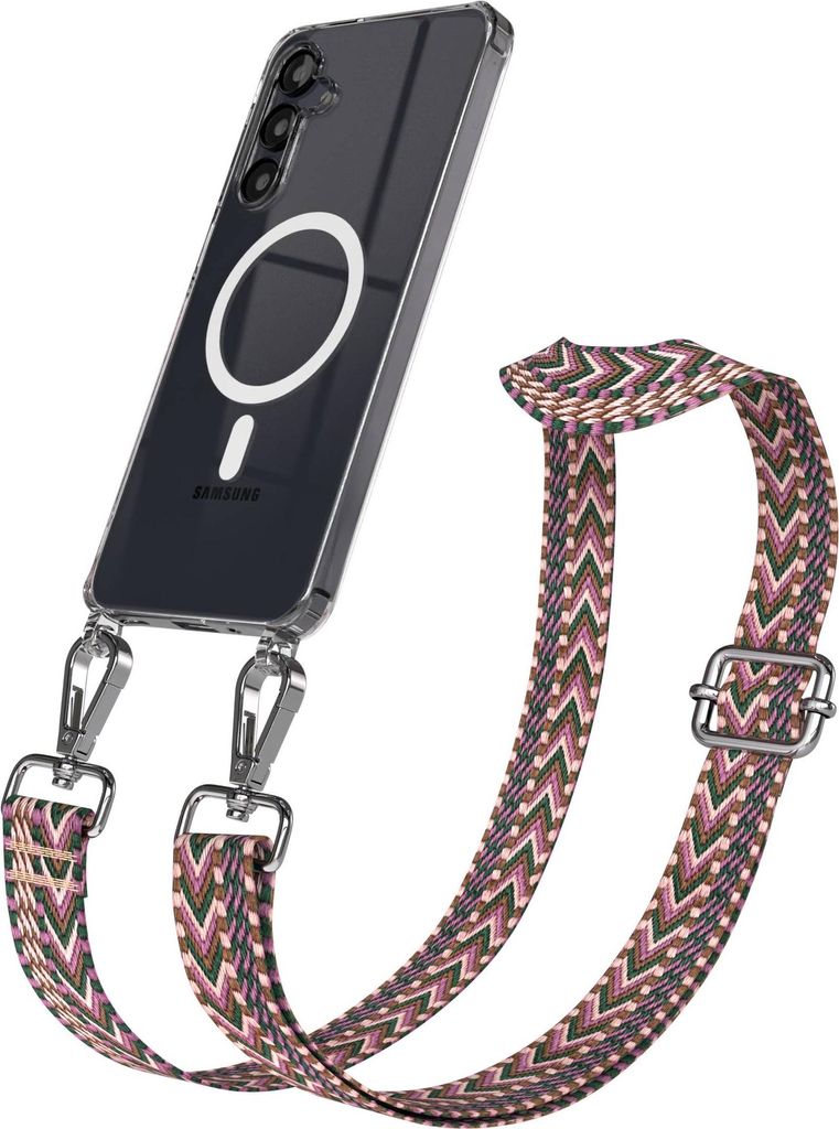 EAZY CASE - Handykette mit MagSafe Hülle für Samsung Galaxy A16, Handyband ZigZag Style,Karabiner Silber, Umhängeband in Dunkelrot
