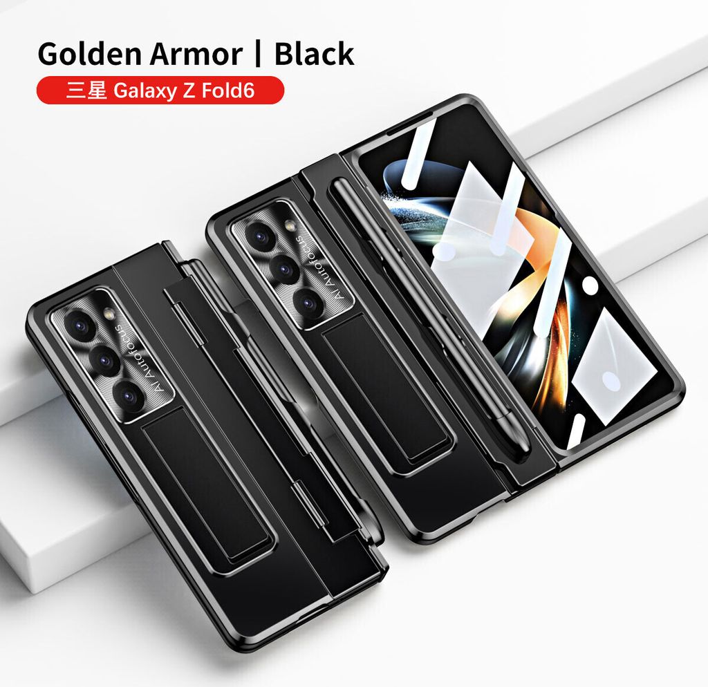 Hülle für Samsung Galaxy Z Fold 6 mit Displayschutz, Stifthalter und Objektivschutz Luxus Galvanisierte Ständer Schutzhülle Schwarz