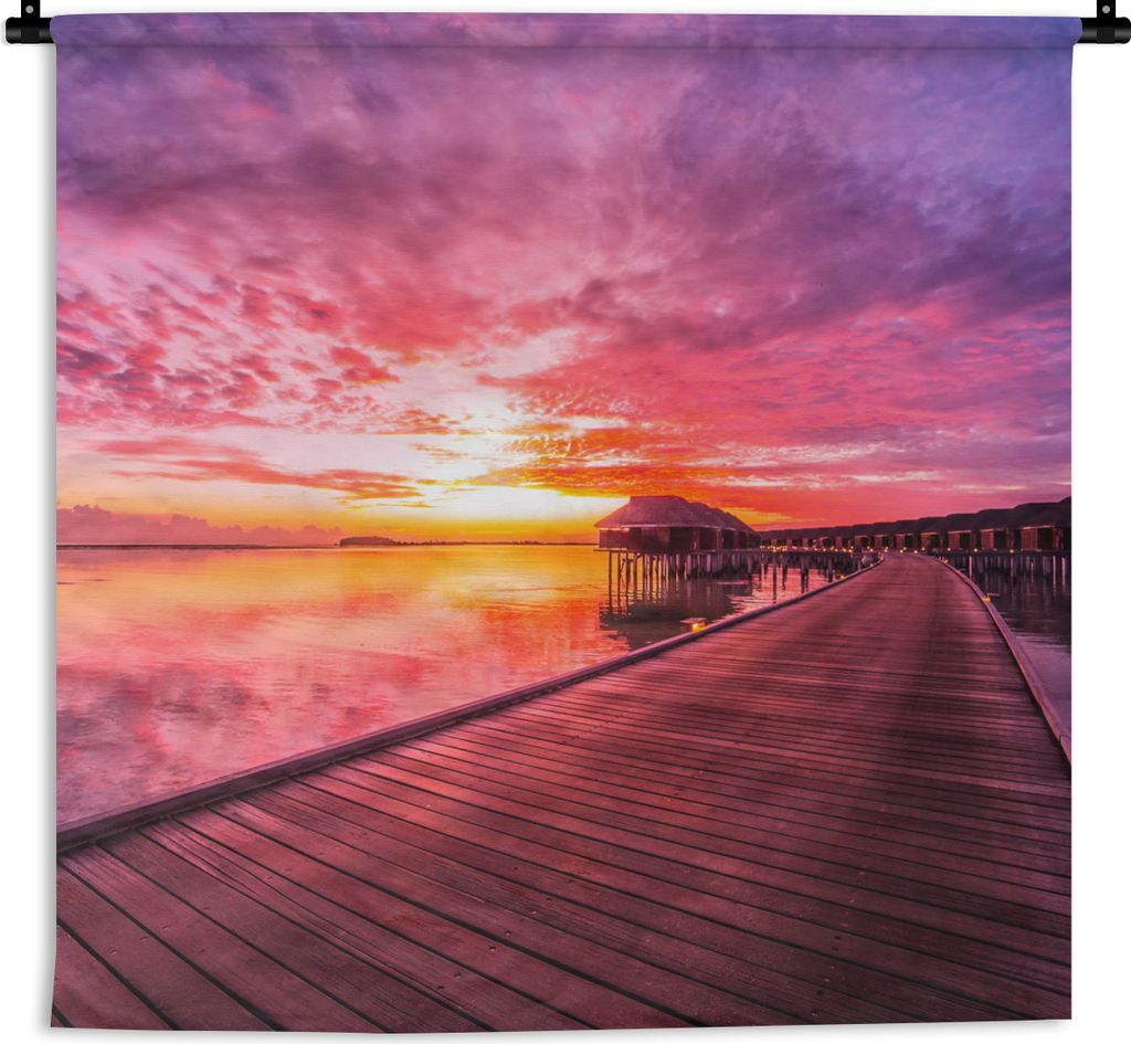 MuchoWow Wandteppich Wandbehang Steg - Wasser - Sonne - Rosa - Horizont 60x60 cm Tapisserie Dekoration Wandtuch - Dekorationen - Wand Decke