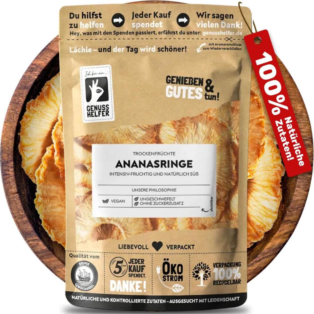 Ananasringe, getrocknet, fruchtige Ananas ohne Zuckerzusatz, ungeschwefelt, 3 x 180g