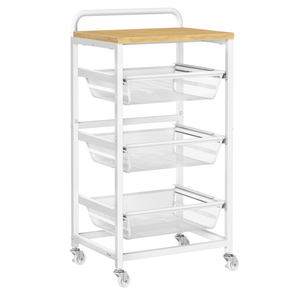 A white rolling cart with three mesh baskets and a wooden top, shown against a white background.