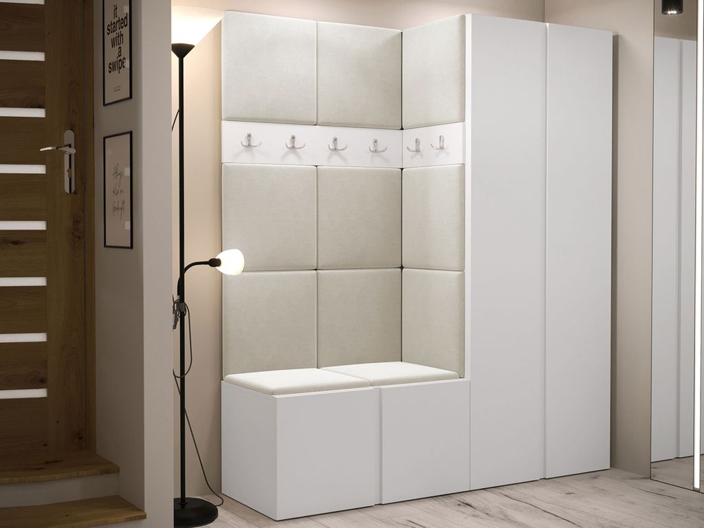 Mirjan24 Garderoben-Set Easton III, Garderobe mit 11 Stück Gepolstertes Wandpaneel Pag 42x42 (Weiß + Schwarz, Manila 02)