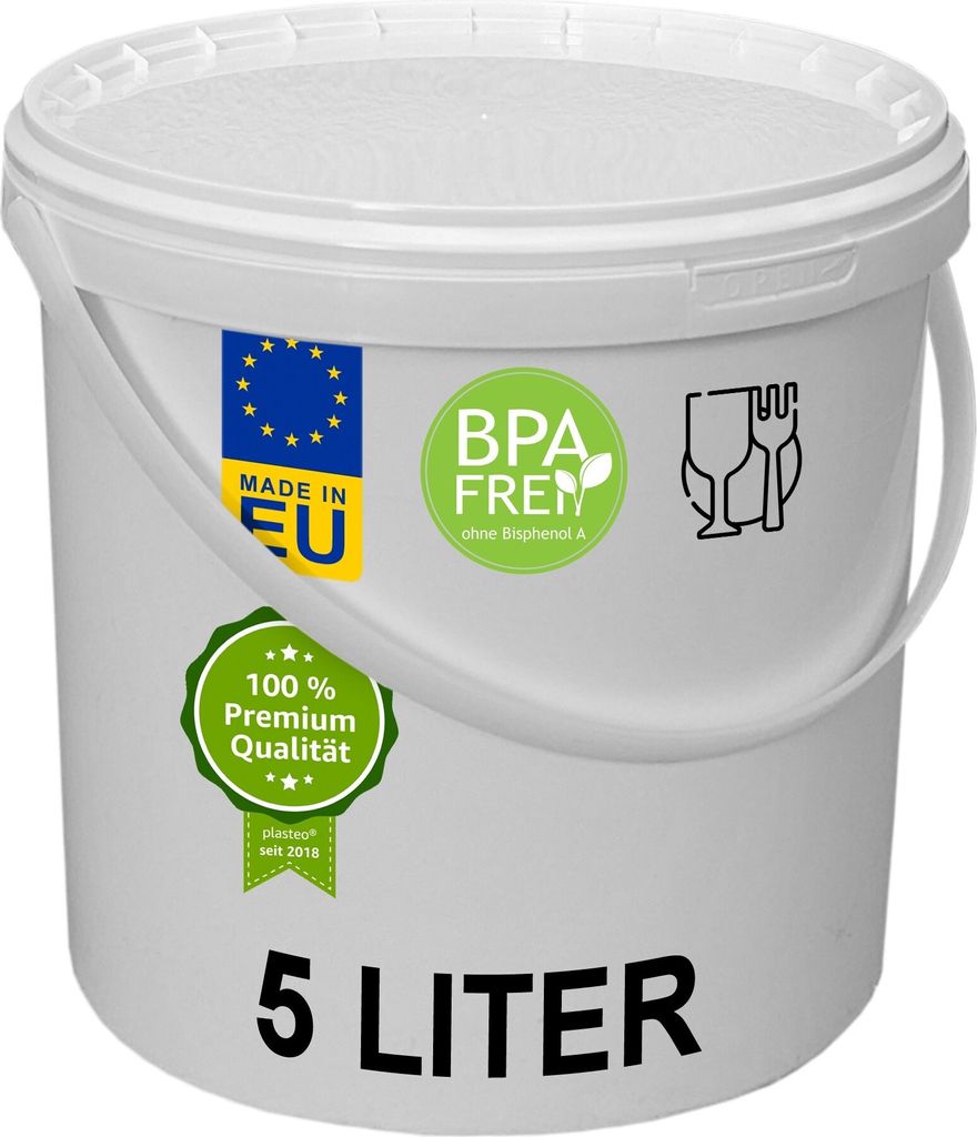 plasteo 5 Liter Eimer mit Deckel Lebensmittelecht Luftdicht Kunststoffeimer Plastikeimer Leereimer Transporteimer (1x 5 Liter)
