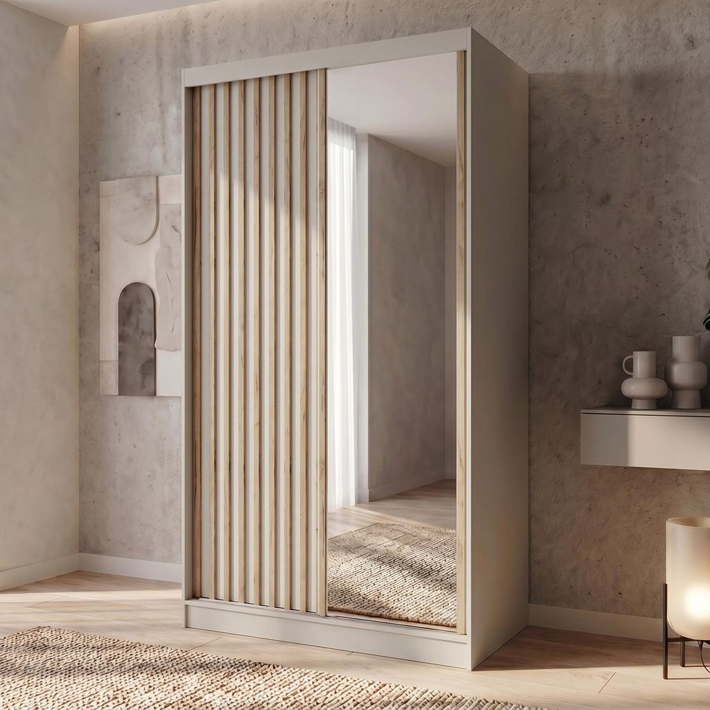 BEAUTYSOFA | Kleiderschrank DONATELLO 120 cm Kaschmir/Artisan mit Spiegel, Lamellen und 1 Schubkasteneinsatz, Schwebetürenschrank modern