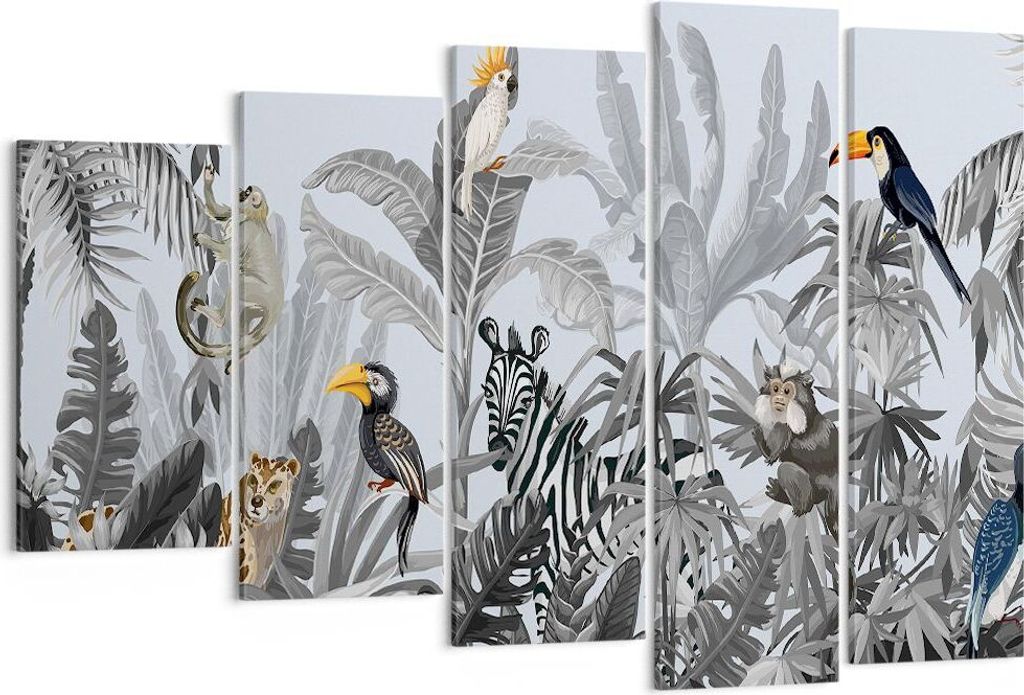 Bild auf Leinwand - Leinwandbild - 5 Teile - Dschungel Tiere Tukane - 150x100cm - Wand Bild - Wanddeko - Wandbilder - Leinwanddruck - Bilder - Wand...