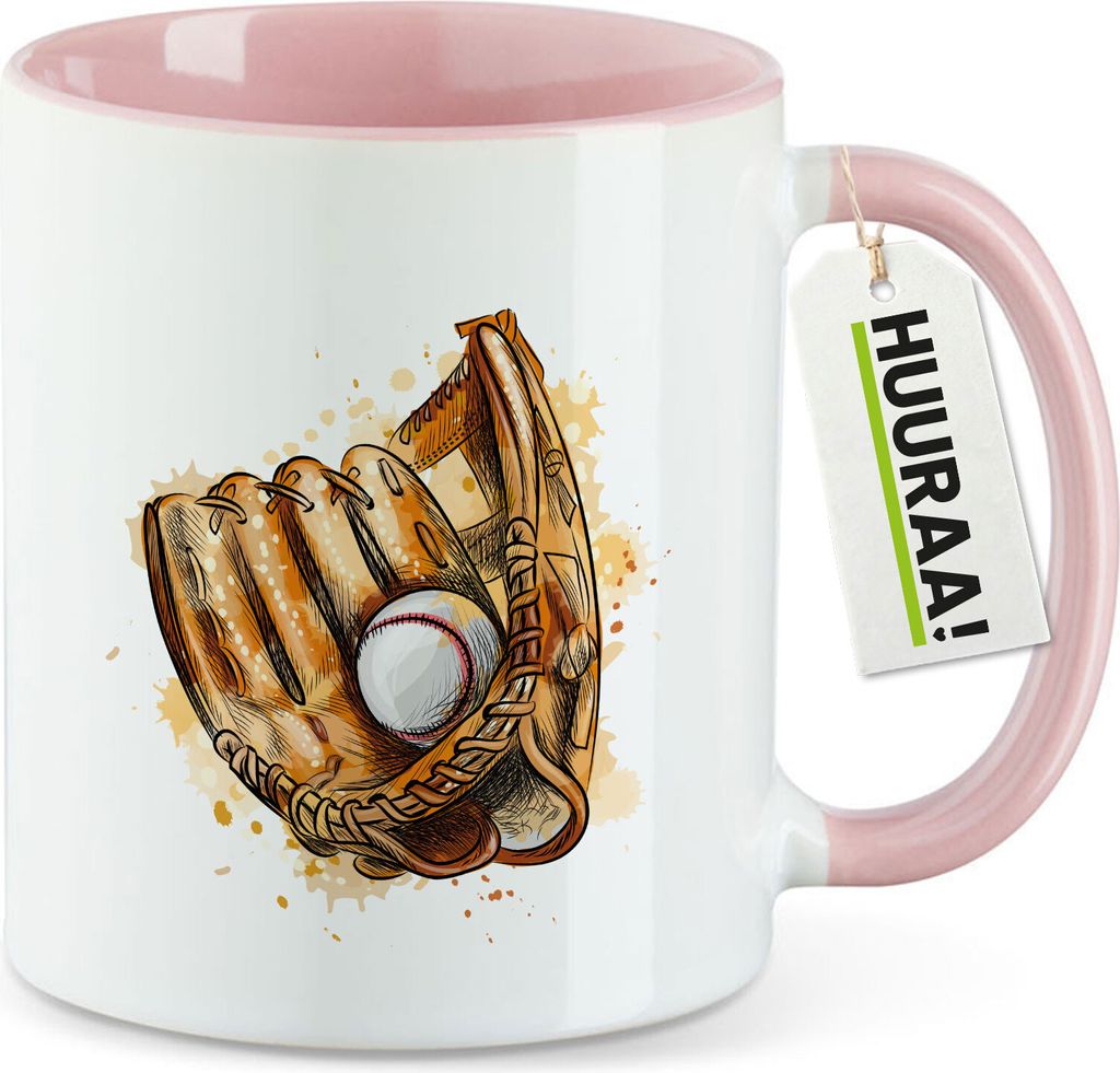 Huuraa Kaffeetasse Baseballhandschuh und Ball Spieler bunte Silhouette 330ml Rosa Keramik Kaffeebecher Geschenkidee