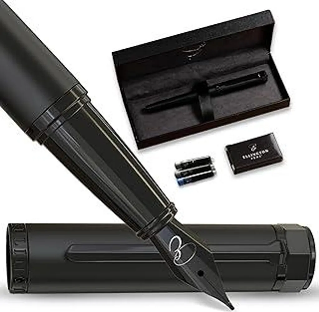 Set di penne stilografiche Ellington Pens - Penna stilografica per scrivere - Pennino medio liscio - Include convertitore di inchiostro ricaricabile, 3 cartucce di inchiostro [nero e blu], confezione regalo - Elegante