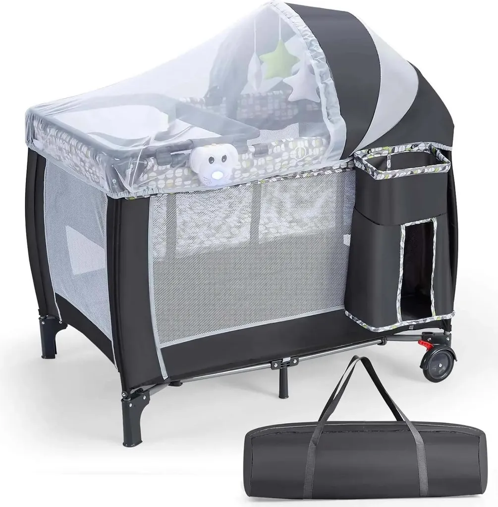 Lit de voyage bébé tout-en-un pliable gris idéal pour les vacances