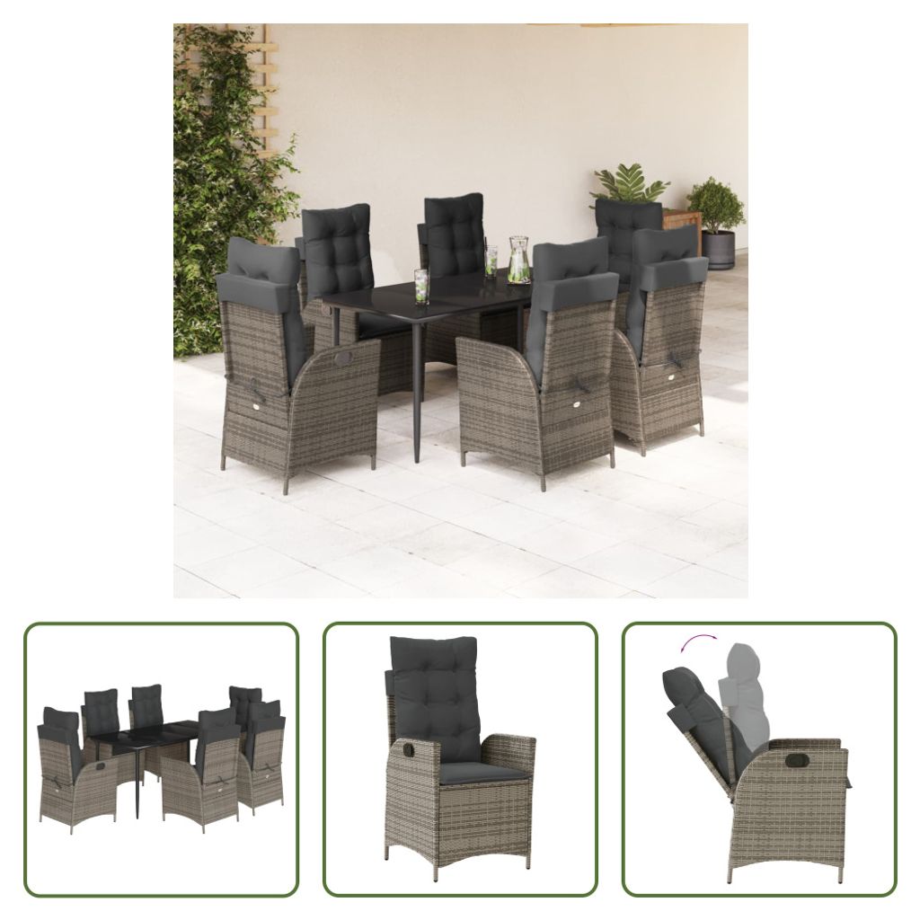 The Living Store 7-tlg. Garten-Essgruppe mit Kissen Grau Poly Rattan