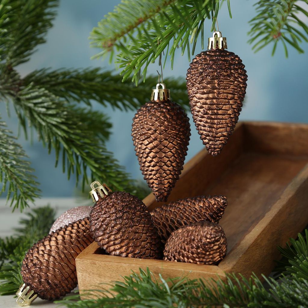 Christbaumschmuck ZAPFEN - Weihnachtsschmuck - bruchfest - glitzernd - H: 8cm - braun - 6er Set