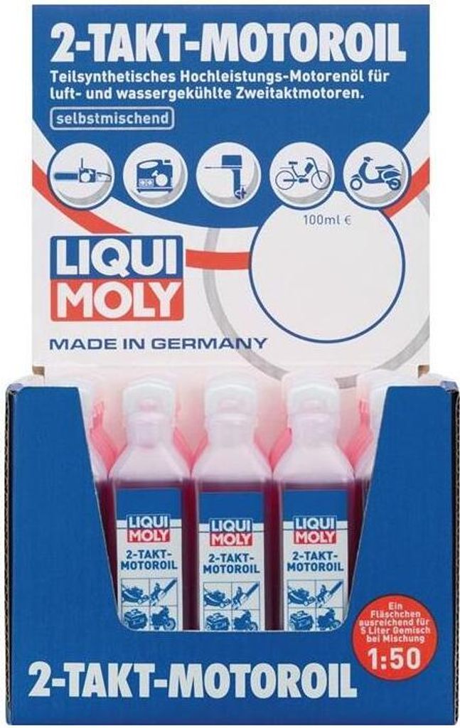 A retail display box containing three small bottles of 2-stroke motor oil.