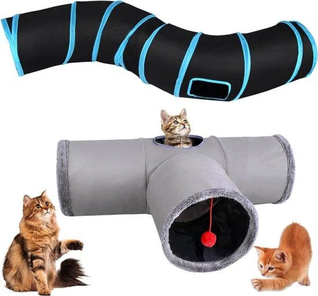 Tunnel pour chat lot de 2, labyrinthe en S à 3 entrées, bleu-gris 120cm