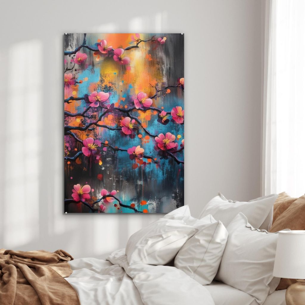 MuchoWow Glasbilder - Bilder auf Wandbild - Foto auf Glas Blumen - Zweig - Abstrakt - Rosa 80x120 cm Wanddekoration aus Glas - Acrylglasbild - Acry...