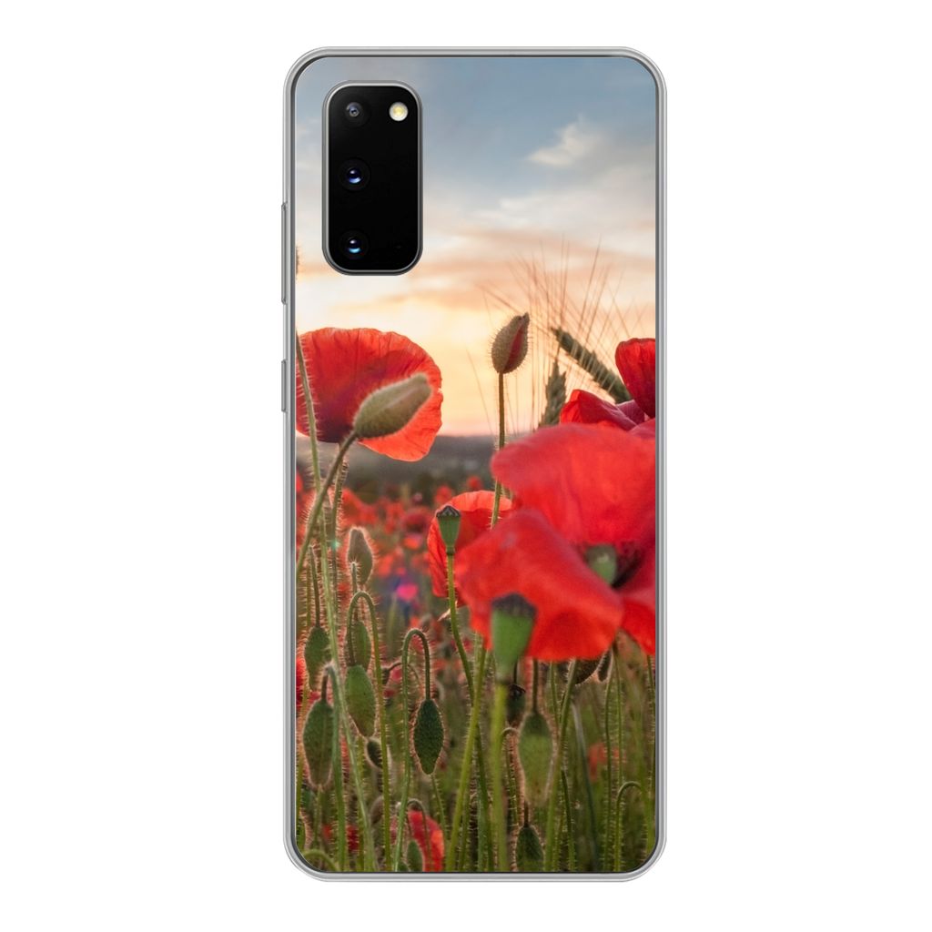 MuchoWow Handyhülle Schutzhülle Hülle für Samsung Galaxy S20 Sonnenuntergang hinter den schönen Mohnblumen Silikon Softcase Handy Hülle - Bild