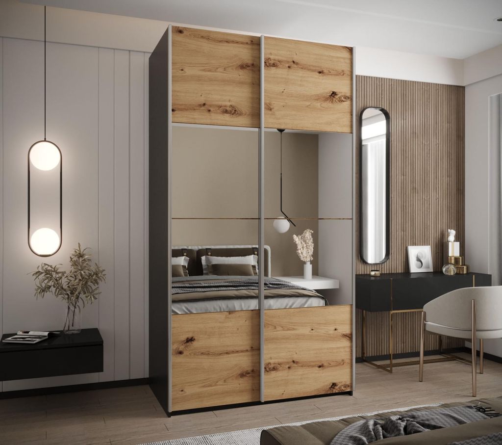 Zweitüriger Kleiderschrank SAMARA 4 - 130 cm, schwarz / Eiche handwerklich / silber