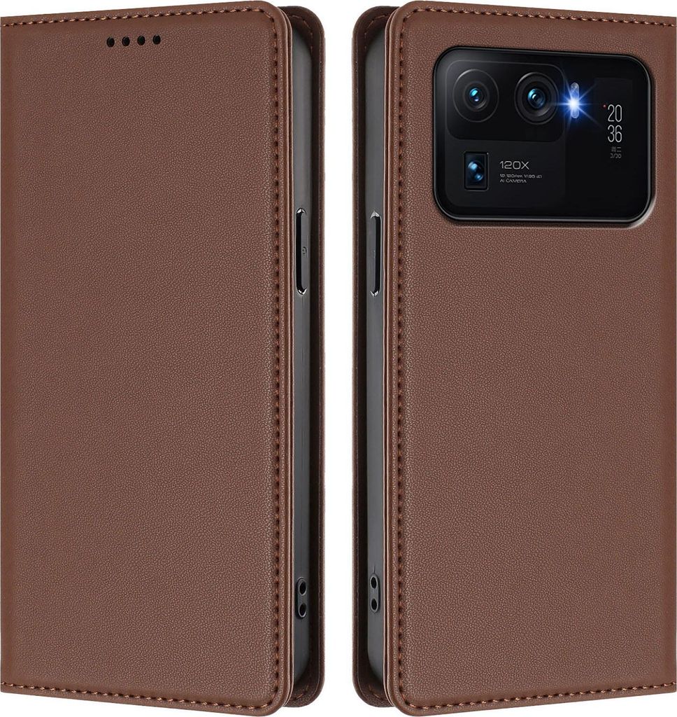 Handyhülle für Xiaomi Mi 11 Ultra, Kunstleder Klapphülle Stoßfeste Magnetische Hülle mit Ständer Braun