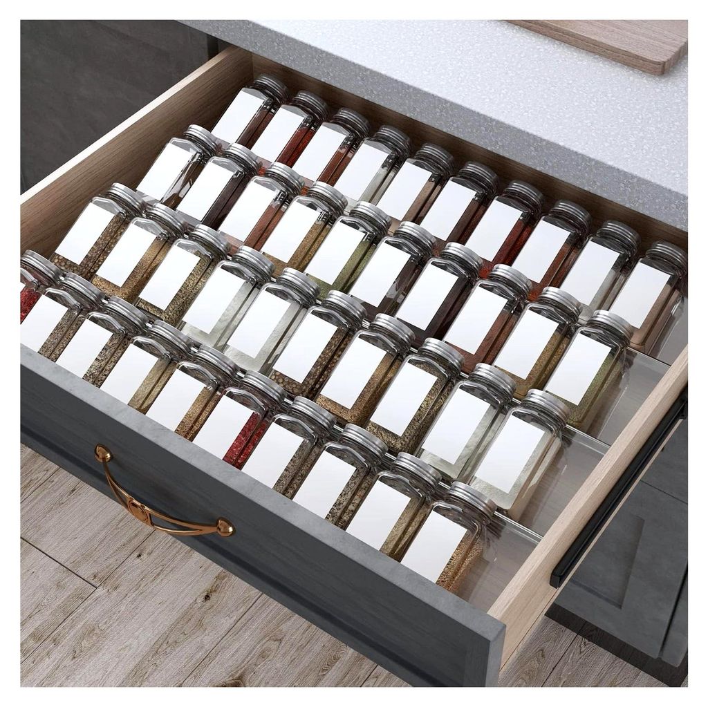 Gewürz Organizer für Schubladen, 4 Etagen - 8 Stück Küchen Gewürzregal, ausziehbar von 33 cm bis 66 cm, Acryl-Gewürzablage für bis zu 56 Gew...