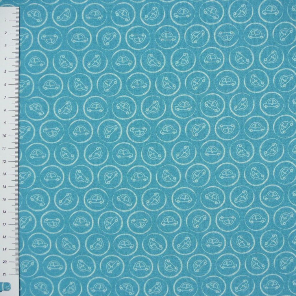Jerseystoff Meterware Autokreisel Autos blau weiß 1,60m