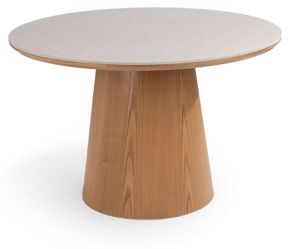 Esstisch - Ø 115 cm - Hellbraun - Weiß - MDF - travertine Keramikplatte