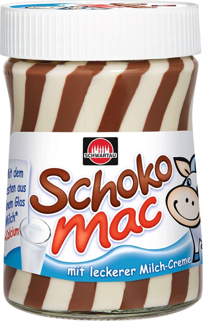 A jar of chocolate spread with a cow illustration on the label.