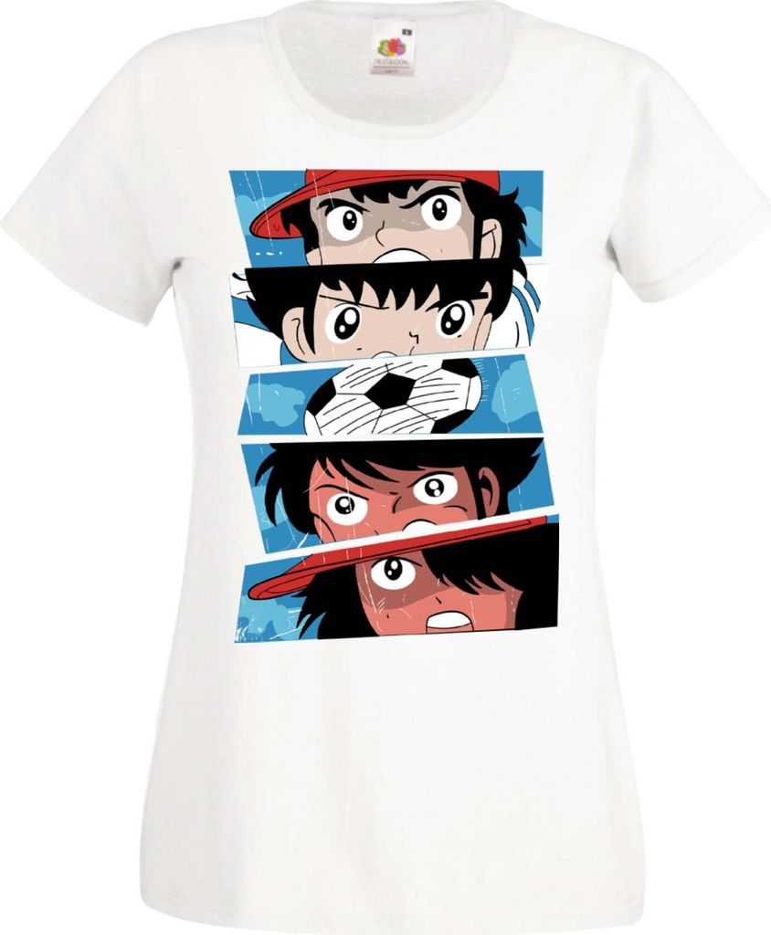 Damen T-Shirt Manga Anime Captain Tsubasa 02 Goal, Lady XL / Weiß