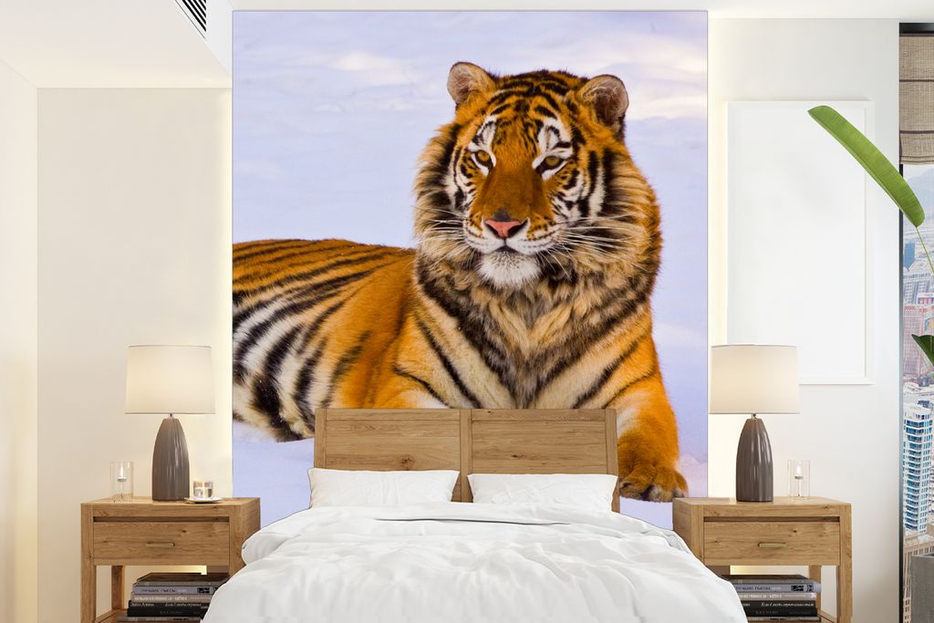 MuchoWow Fototapete für Wohnzimmer oder Schlafzimmer Wandtapete Vinyl Motivtapete Tiger - Schnee - Winter - Tiere - 175x240 cm - Schlafzimmertapete