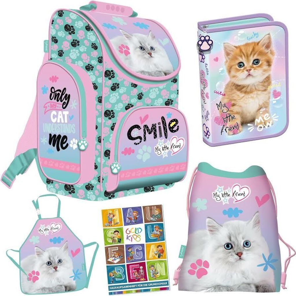 My Little Friend Schulranzen Set Ranzen Federmappe Turnbeutel Schürze Aufgabenheft Pastel Cat Katze 5-teilig