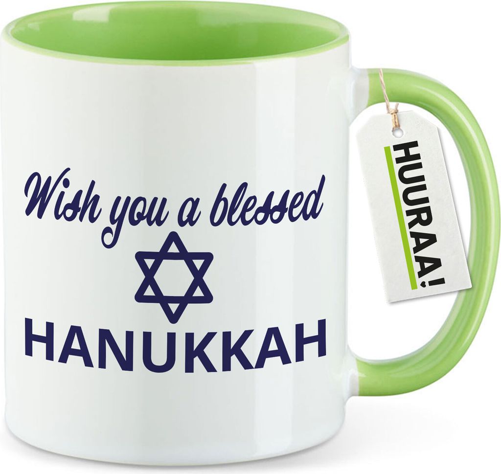 Huuraa Kaffeetasse Wish blessed Hanukka Schriftzug 330ml Grün Keramik Kaffeebecher Geschenkidee