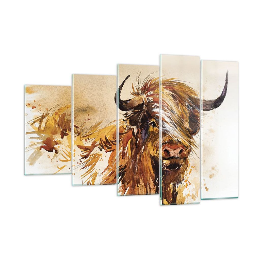 Bilder auf glas - 5 Teile - Stier Scotch Aquarell - 150x100cm - Glasbilder - Wandbilder - Bilder - zum Aufhängen bereit - Wanddekoration aus Glas ...