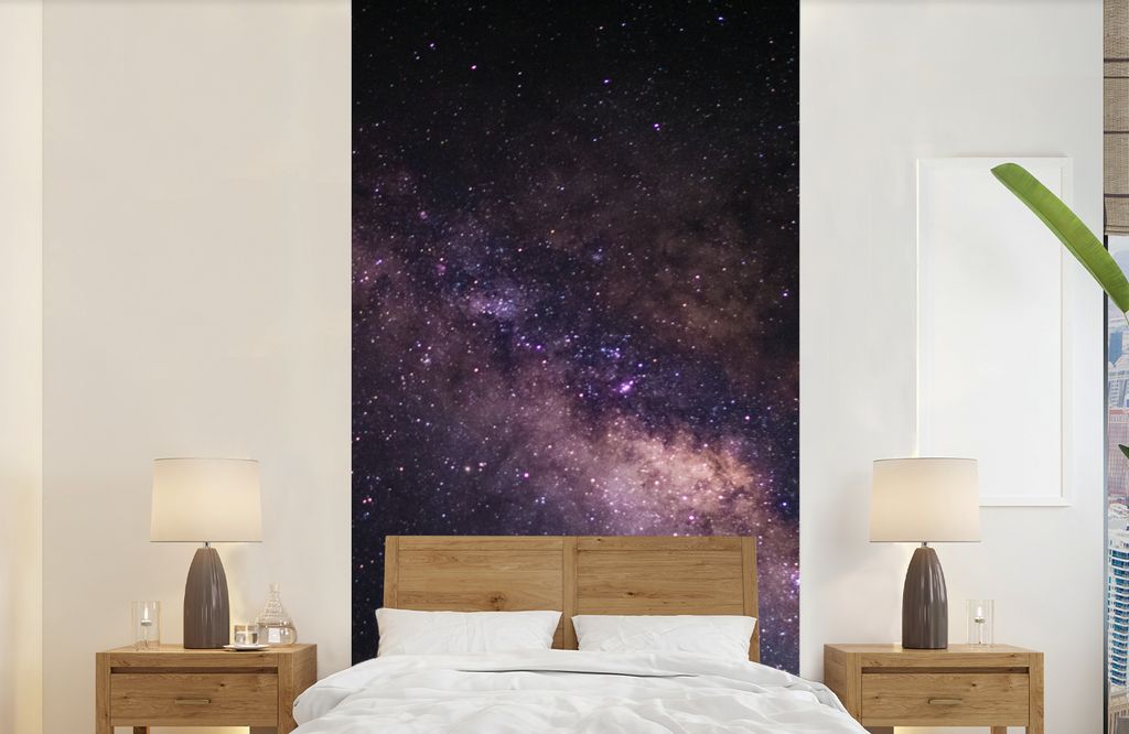 MuchoWow Fototapete für Wohnzimmer oder Schlafzimmer Wandtapete Vinyl Motivtapete Lila Milchstraße in der Dunkelheit - 120x240 cm - Hintergrund...