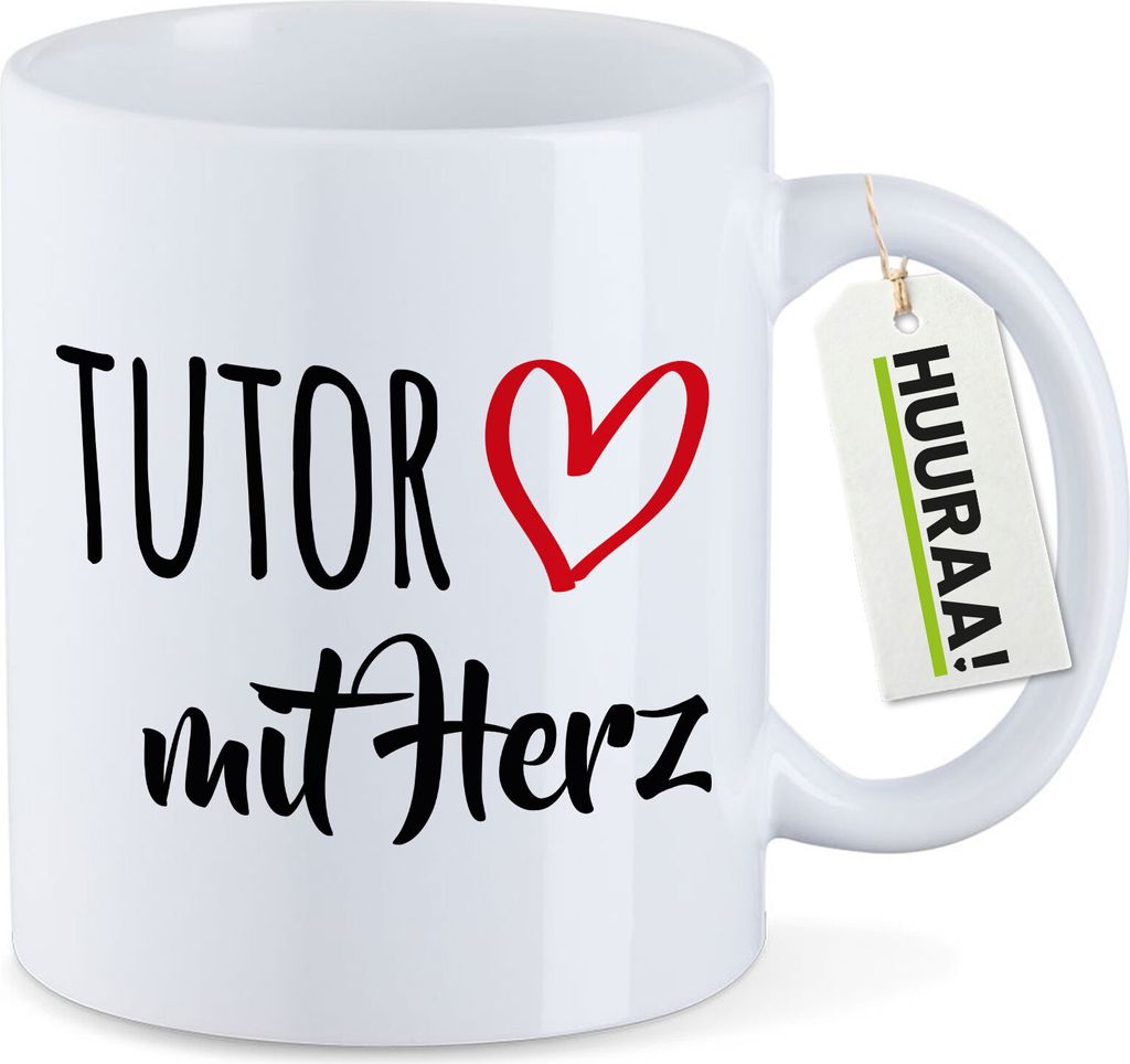 Huuraa Kaffeetasse Tutor mit Herz 330ml Weiß Keramik Kaffeebecher Geschenkidee