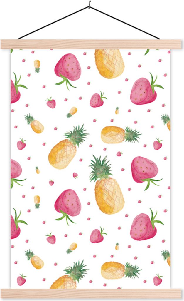 MuchoWow Textilposter Ananas - Erdbeeren - Aquarell 120x180 cm mit holzfarbenen Rahmen - Textil-Plakat