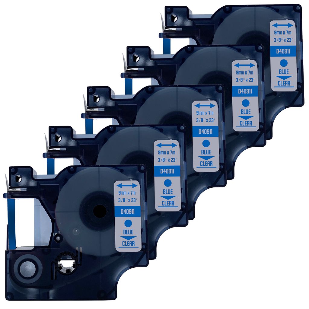 DULA-Etikettenband - Kompatibel mit Dymo D1 40911 - 5 Stück - Blau auf transparent - 9mm x 7m