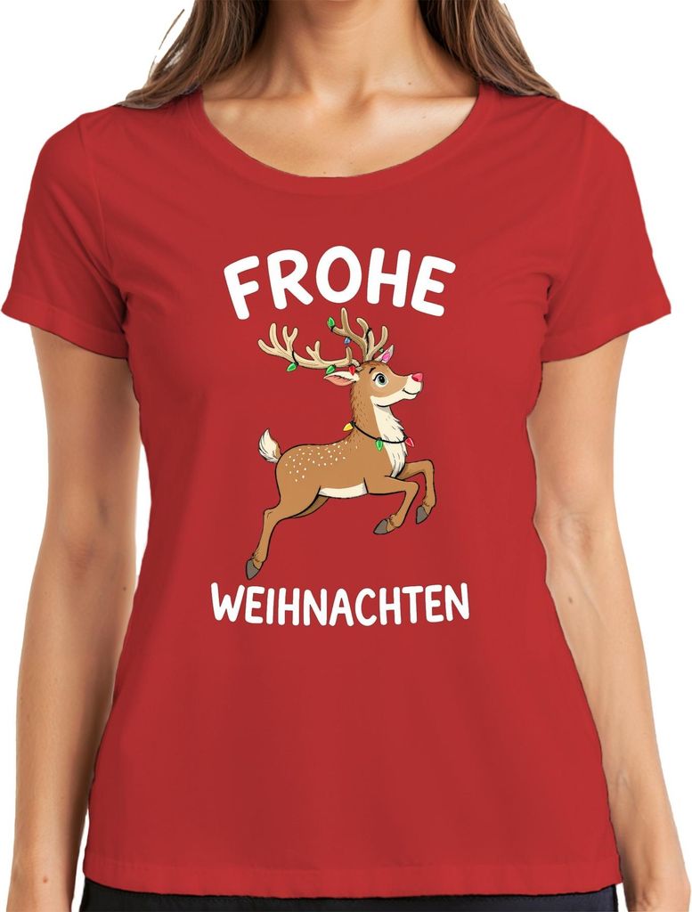 FROHE WEIHNACHTEN Rentier Lichterkette Niedlich Kinder Geschenk Damen T-Shirt, Rot, XXL