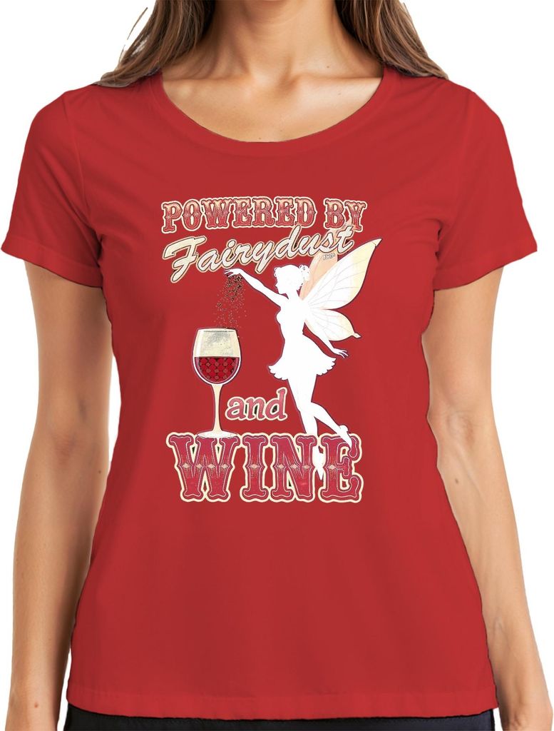 Powered by Fairydust and Wine Wein Glas Fee Karneval Fasching Damen T-Shirt, Rot, M