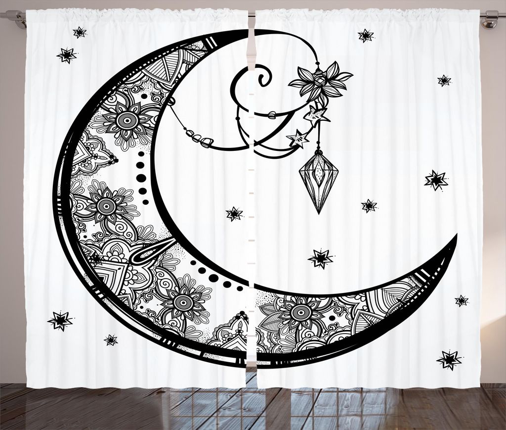 ABAKUHAUS Paisley Rustikaler Gardine, Blumen Mond, Schlafzimmer Kräuselband Vorhang mit Schlaufen und Haken, 280 x 225 cm, Weiß und Schwarz